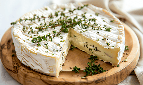 卡门培尔奶酪配百里香放在木盘上卡门培尔奶酪是一种湿润柔软的奶油