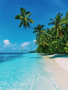 椰子树风景摄影照片_马尔代夫热带天堂海滩水晶水椰子树岛屿
