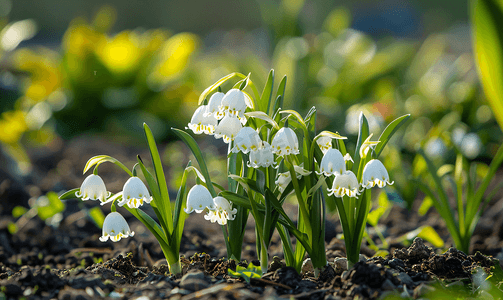 春天花园里盛开的欢快的白色铃铛花