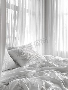 新品日系摄影照片_有白色窗帘和白色枕头的白色卧室