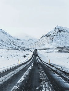 黄金之路摄影照片_冰岛通往雪山的狂野之路