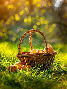 绿草上篮子里的复活节彩蛋