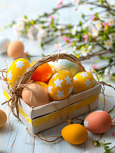篮子和礼品盒中的复活节彩蛋