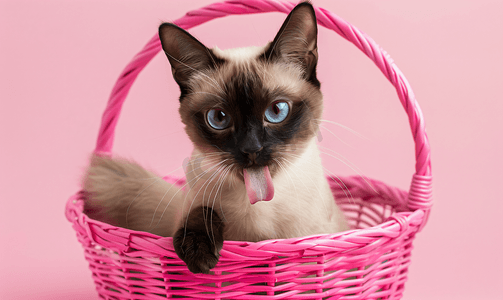 小猫玩耍摄影照片_粉色篮子里一只漂亮顽皮的暹罗猫伸出舌头