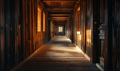 木制住宅楼内黑暗的走廊尽头有明亮的阳光