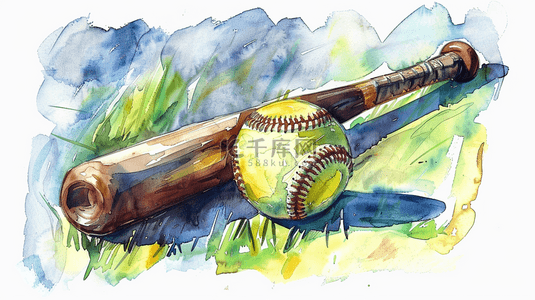 水彩风运动会棒球运动棒球球棒和棒球设计图