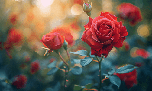 柔和美丽摄影照片_花园里种植的红玫瑰盛开美丽柔和而有选择性的焦点