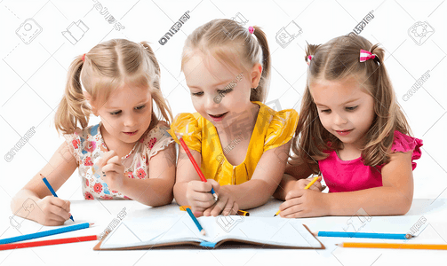 绘画课上坐在一张桌子旁的小学生抄书
