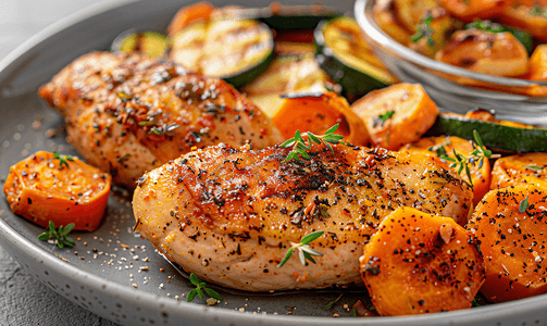 烤有机胡萝卜配百里香和炸肉排鸡肉和西葫芦减肥食品