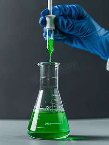 一位小科学家正在使用滴管将绿色液体化学物质滴入隔离的烧杯中