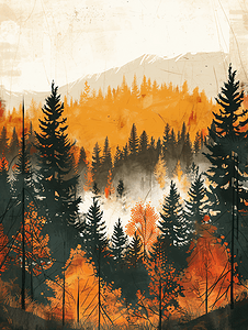 森林秋天风景抽象插画艺术
