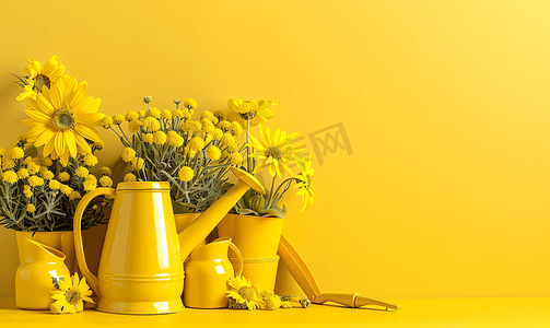 花盆喷壶及园艺工具亮黄色背景