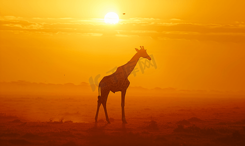 金色天空背景上孤立的长颈鹿