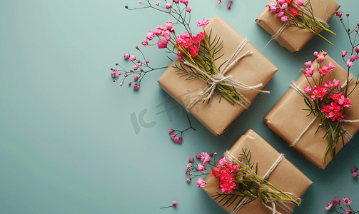 手绘爱心盒子摄影照片_用鲜花装饰的牛皮纸礼品盒准备礼物礼品包装理念