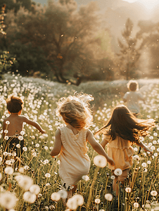 春天可爱孩子摄影照片_一群孩子在蒲公英春田里奔跑