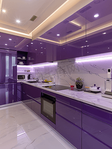现代晚上房子摄影照片_晚上紫色色调风格厨房内部的侧视图