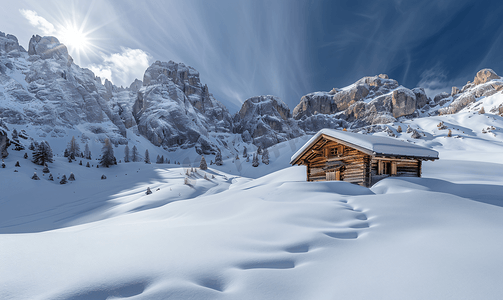 洛摄影照片_冬季雪时多洛米蒂山小屋