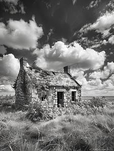一栋废弃且破败的老房子的黑白图像