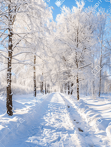 冬季圣诞田园诗般的风景白树在白雪覆盖的森林里