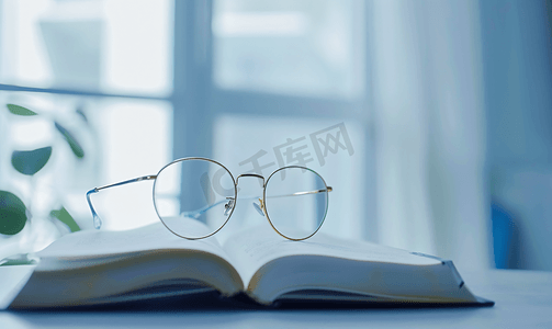 桌子上的眼镜和一本书