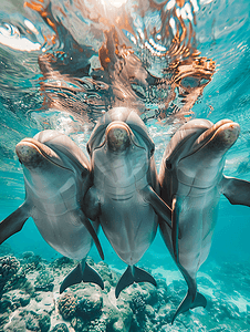 一群海豚在水下近距离接触