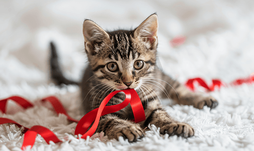养娃摄影照片_小猫玩红色圣诞丝带