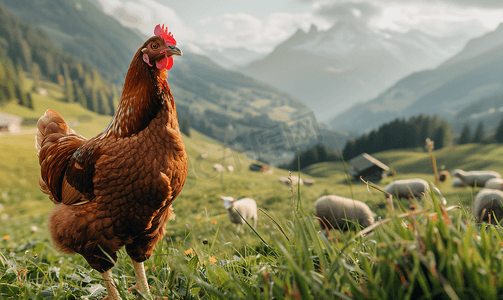 阿尔卑斯山农场里的深棕色鸡背景是羊