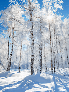 冬季圣诞田园诗般的风景白树在白雪覆盖的森林里