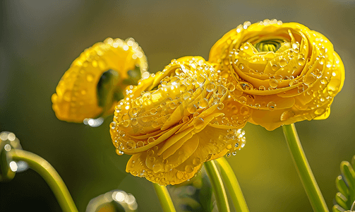毛茛属植物在阳光下呈亮黄色水滴在花瓣上闪闪发光