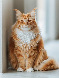 室内宠物摄影中一只有趣美丽的红色毛茸茸的猫的肖像