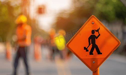 橙色玻璃摄影照片_橙色道路施工标志背景模糊工人在施工