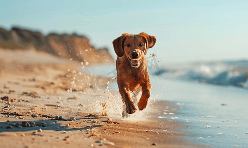 一只红发狗在海边奔跑