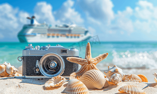 带贝壳海星复古相机和游轮的海滩