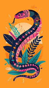 蛇年国潮新年花草丛里的花纹蛇背景