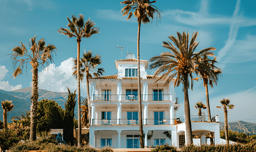 建筑大摄影照片_西班牙海边棕榈树之间的白色大别墅高质量照片