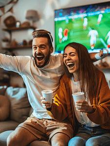 球迷们开心的朋友在电视上看足球比赛庆祝胜利