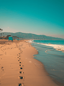 沙滩脚印摄影照片_加州圣莫尼卡的沙滩上有脚印