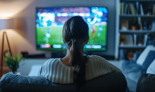观众坐在家中的大电视机前的扶手椅上放松地观看体育比赛