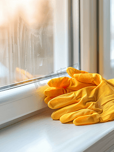 窗台上的清洁剂湿巾和橡胶手套一般清洁概念