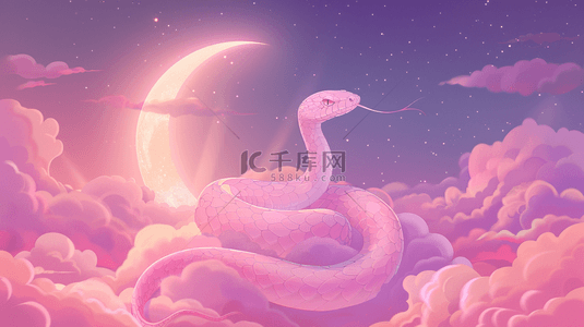 蛇年梦幻云朵里的粉色可爱萌蛇背景图
