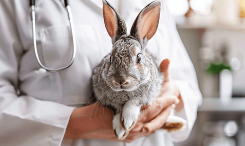 医疗手套摄影照片_兽医在医疗门诊室抱着可爱的病兔