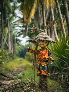 椰子种植园装饰传统马来服装稻草人