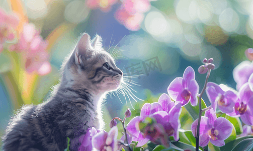 美丽的风景背景中美丽的灰猫和紫色兰花