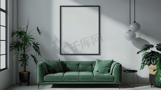 客厅绿色沙发画框摄影照片