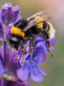 紫罗兰色背景摄影照片_大黄蜂在紫罗兰色的田野上寻找美味的东西