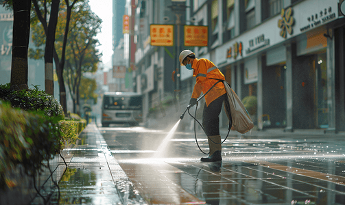 工人用高压水射流清洗街道人行道复制空间