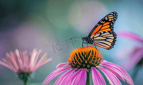 紫色金光菊上的帝王蝶
