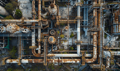 废弃工厂的管道空中全景图