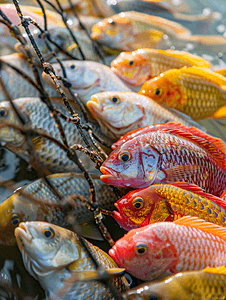 泰国罗非鱼笼养鱼场的水中新鲜罗非鱼和红罗非鱼