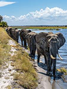 大象群来到博茨瓦纳乔贝河的河岸